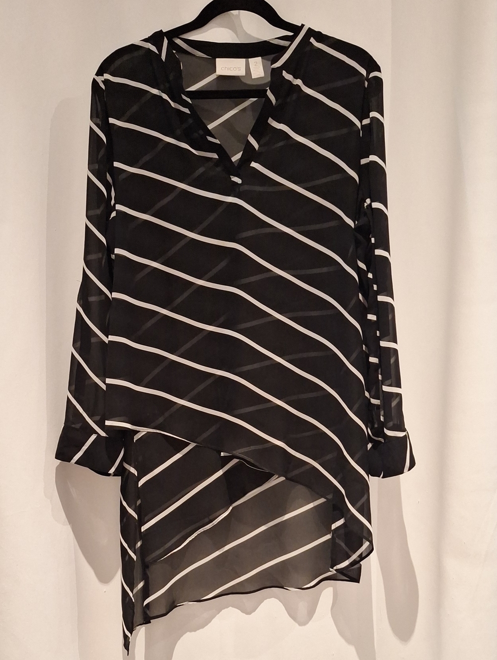 Chico's Black & White Stripe Sheer Tunic Top Size L